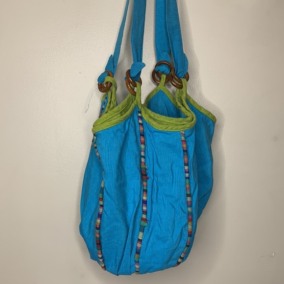 Blue Cotton Handmade Boho Satchel | Bucket Bag | Market Hippie Carry On Tote - Picture 8 of 8